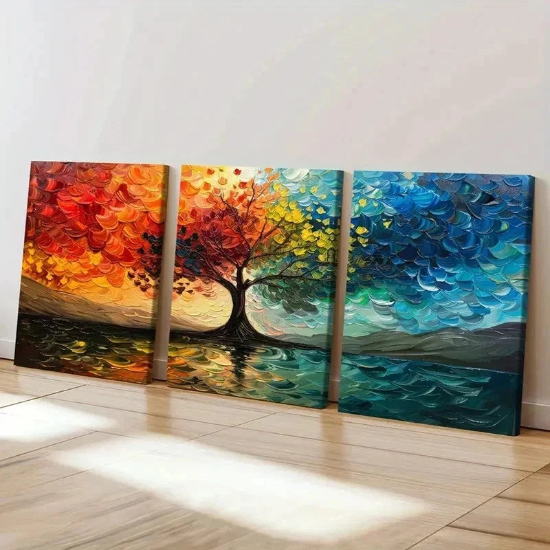 3pcs Vibrant Colorful Autumn Tree Wall Art Set Canvas Framed 60x90cm - High Quality Print 100% Australian Made Wall Canvas Ready to Hang