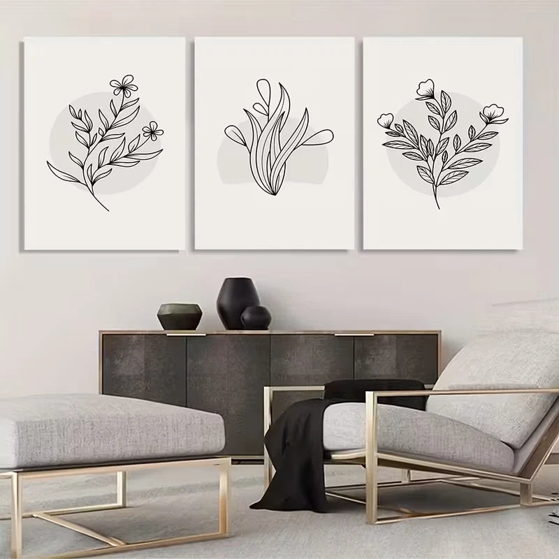 3pcs Minimalist Gray Botanical line drawings       Wall Art Set Canvas Framed 40x60cm - High Quality Print 100% Australian Made Wall Canvas Ready to Hang - Bella Home Decor