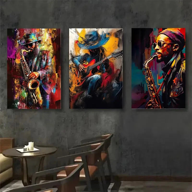 3pcs Vibrant Abstract Saxophone & Guitar Perfect Wall Art Set Canvas Framed 40x60cm - High Quality Print 100% Australian Made Wall Canvas Ready to Hang - Bella Home Decor