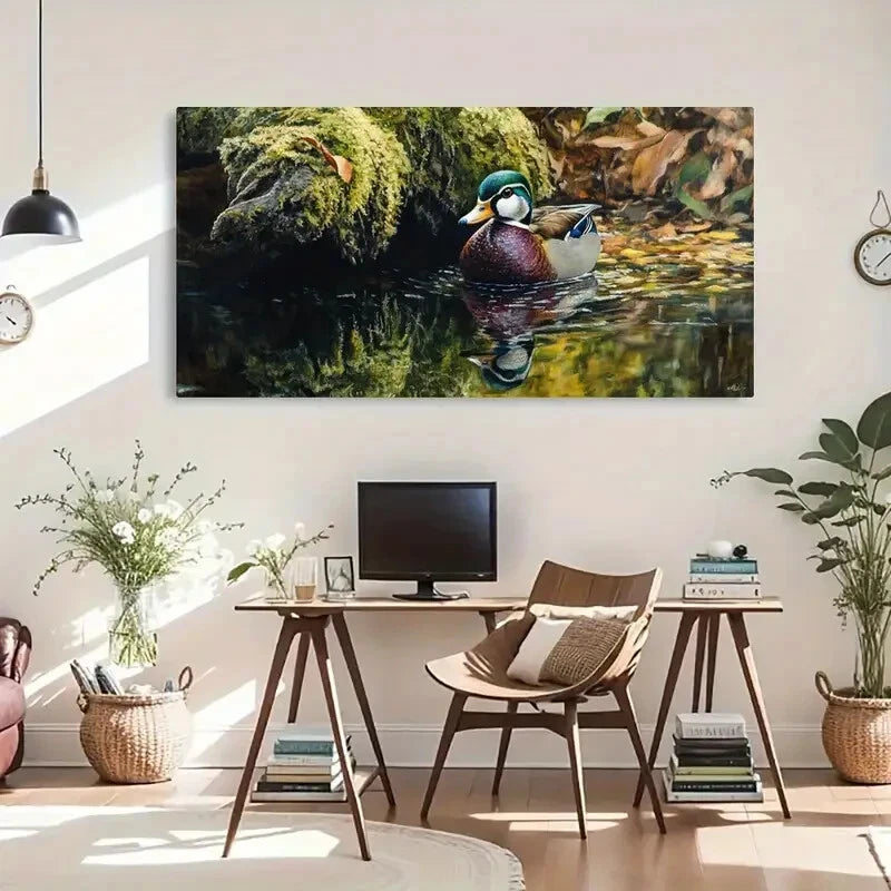 Wildlife Reflection Duck Nature Wall Art Canvas Office Home Room Framed 120x60cm - Bella Home Decor