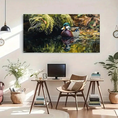Wildlife Reflection Duck Nature Wall Art Canvas Office Home Room Framed 120x60cm - Bella Home Decor