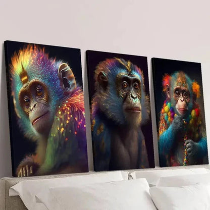 3pcs Classic Fluorescent Monkey Decor Wall Art Set Canvas Unframed - High Quality Print 100% Australian Made Wall Canvas - Bella Home Decor