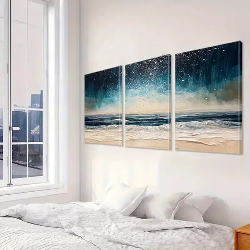 3pcs Abstract Night Beach Waves Classic  Canvas Unframed - High Quality Print 100% Australian Made Wall Canvas - Bella Home Decor