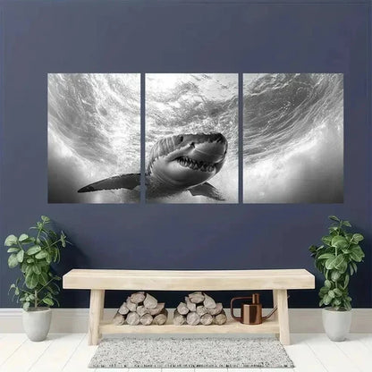 3pcs Black And White Shark Underwater Scene Wall Art Canvas Unframed - High Quality Print 100% Australian Made Wall Canvas - Bella Home Decor