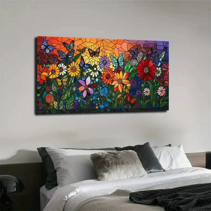 Vibrant Floral Stained Glass Wall Art Canvas Office Home Room Framed 120x60cm - Bella Home Decor
