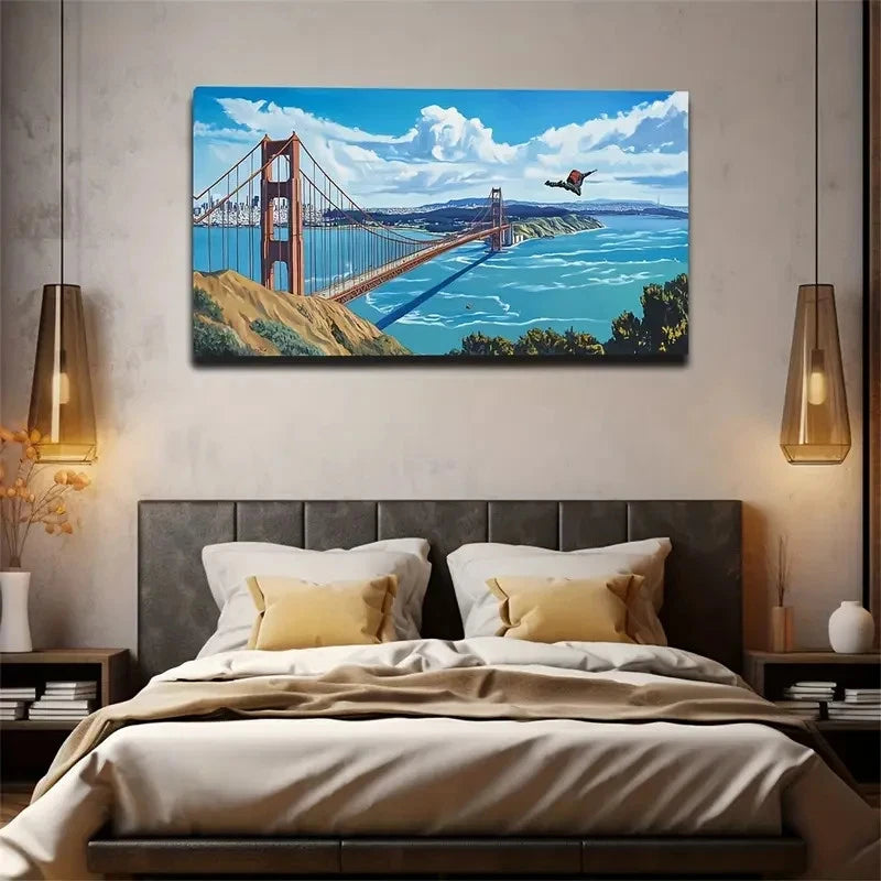 Golden Gate Bridge Blue Sky Wall Art Canvas Office Home Room Framed 120x60cm