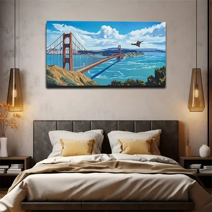 Golden Gate Bridge Blue Sky Wall Art Canvas Office Home Room Framed 120x60cm