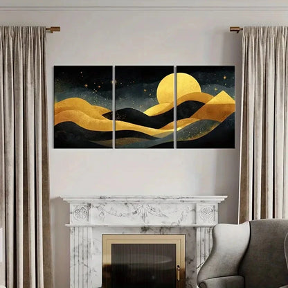 3pcs Moonlit Night Landscape Golden Waves Metal Print Ready to Hang Art