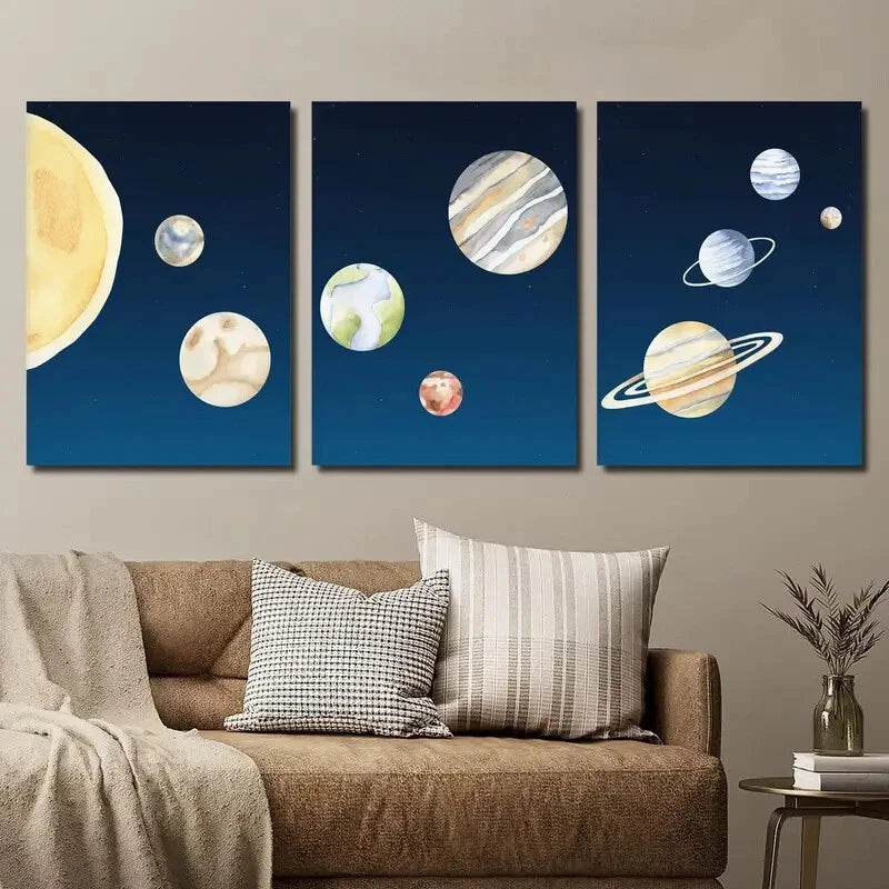 3pcs Navy Blue Starry Sky Planet Perfect Wall Art Set Canvas Framed 40x60cm - High Quality Print 100% Australian Made Wall Canvas Ready to Hang - Bella Home Decor