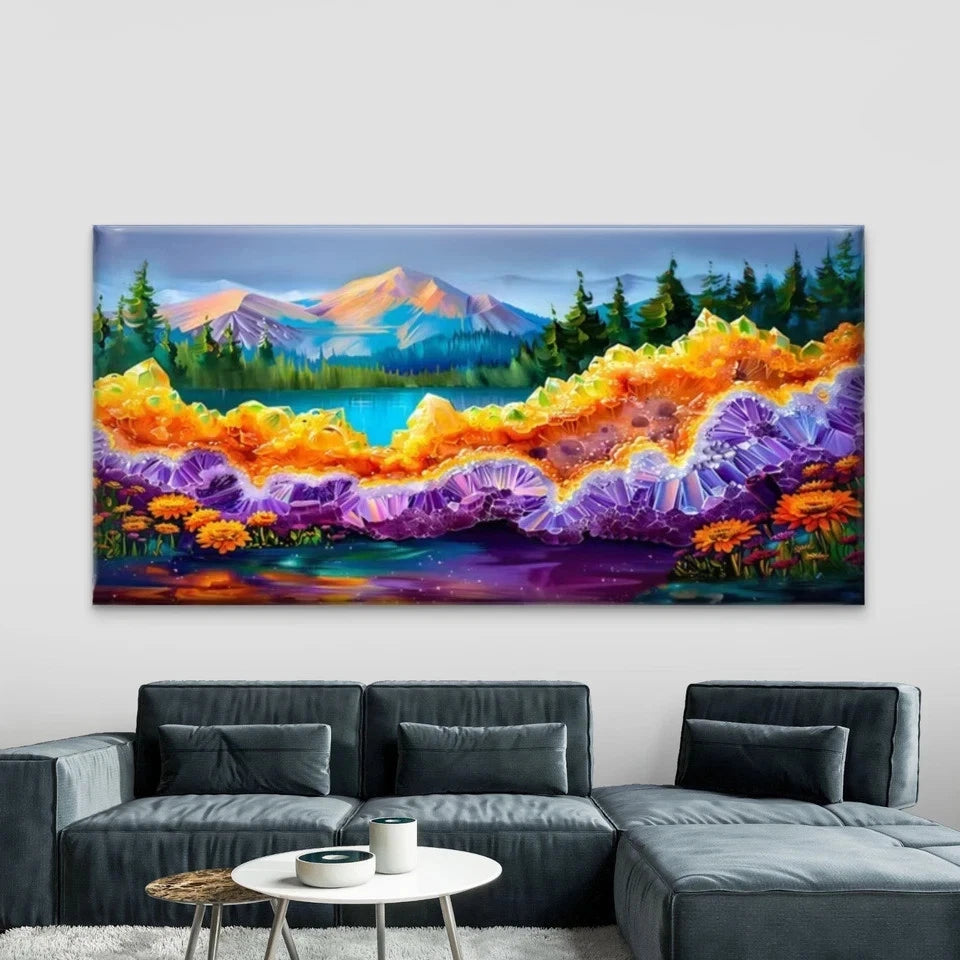 Colorful Crystal Stone Flowers Wall Art Canvas Office Home Room Framed 120x60cm