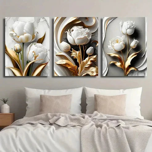 3pcs Golden & White Tulips with Marble Texture Wall Art Set Canvas Unframed - High Quality Print 100% Australian Made Wall Canvas - Bella Home Decor