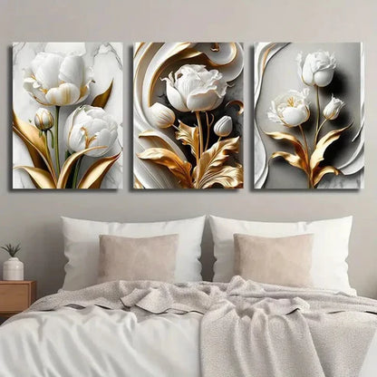 3pcs Golden & White Tulips with Marble Texture Wall Art Set Canvas Unframed - High Quality Print 100% Australian Made Wall Canvas - Bella Home Decor