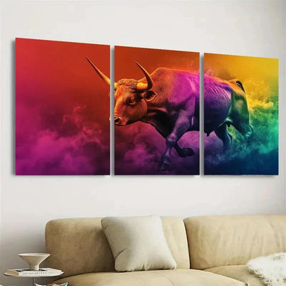 3pcs Arena bull in rainbow flowing colors Wall Art Set Canvas Framed 60x90cm - High Quality Print 100% Australian Made Wall Canvas Ready to Hang - Bella Home Decor