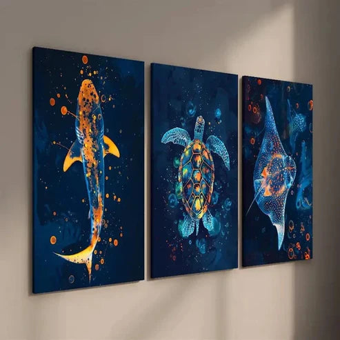 3pcs Colorful Shark Turtle and Stingray Wall Art Set Canvas Unframed - High Quality Print 100% Australian Made Wall Canvas - Bella Home Decor