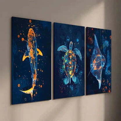3pcs Colorful Shark Turtle and Stingray Wall Art Set Canvas Unframed - High Quality Print 100% Australian Made Wall Canvas - Bella Home Decor