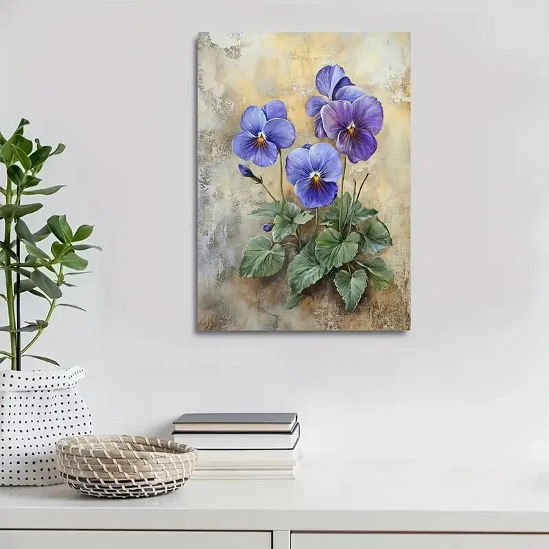 Beautiful Vibrant Purple Violets with Green Leaves 40x60cm Metal Print Ready to Hang - Bella Home Decor