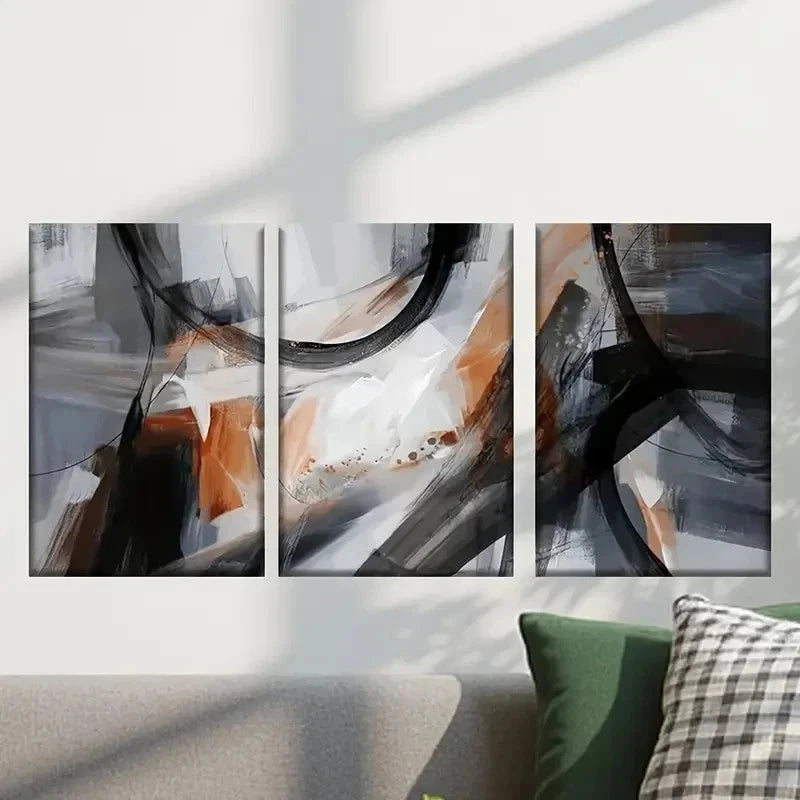 3pcs Black White and Orange Geometric Wall Art Set Canvas Framed 50x70cm - High Quality Print 100% Australian Made Wall Canvas Ready to Hang - Bella Home Decor