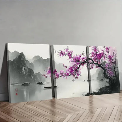 3pcs Purple Plum Blossoms In Full Bloom  Set Canvas Unframed - High Quality Print 100% Australian Made Wall Canvas