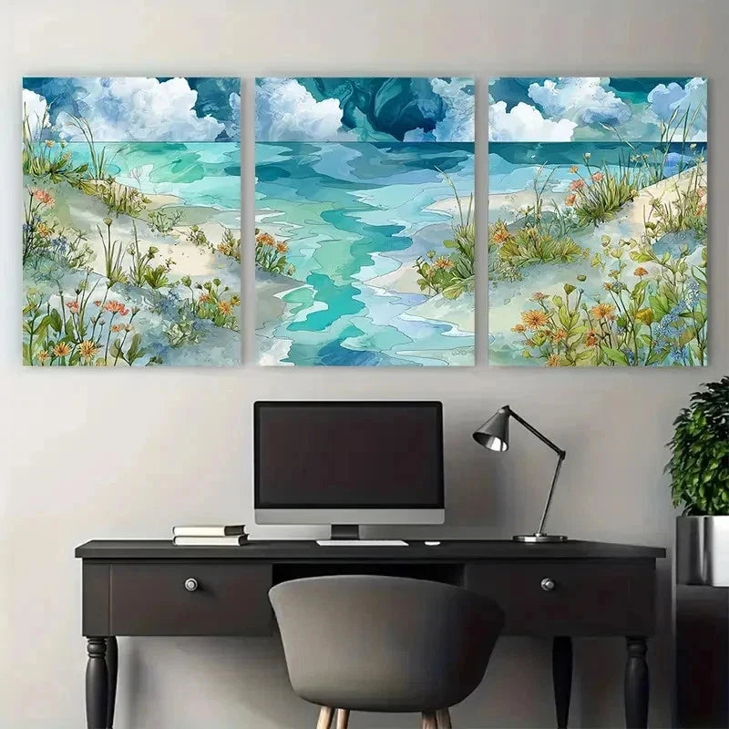 3pcs Overgrown Beach Scenes Painting Perfect Wall Art Set Canvas Framed 50x70cm - High Quality Print 100% Australian Made Wall Canvas Ready to Hang