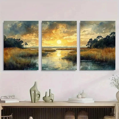 3pcs Lowcountry Marsh Landscape Perfect Wall Art Set Canvas Framed 50x70cm - High Quality Print 100% Australian Made Wall Canvas Ready to Hang - Bella Home Decor