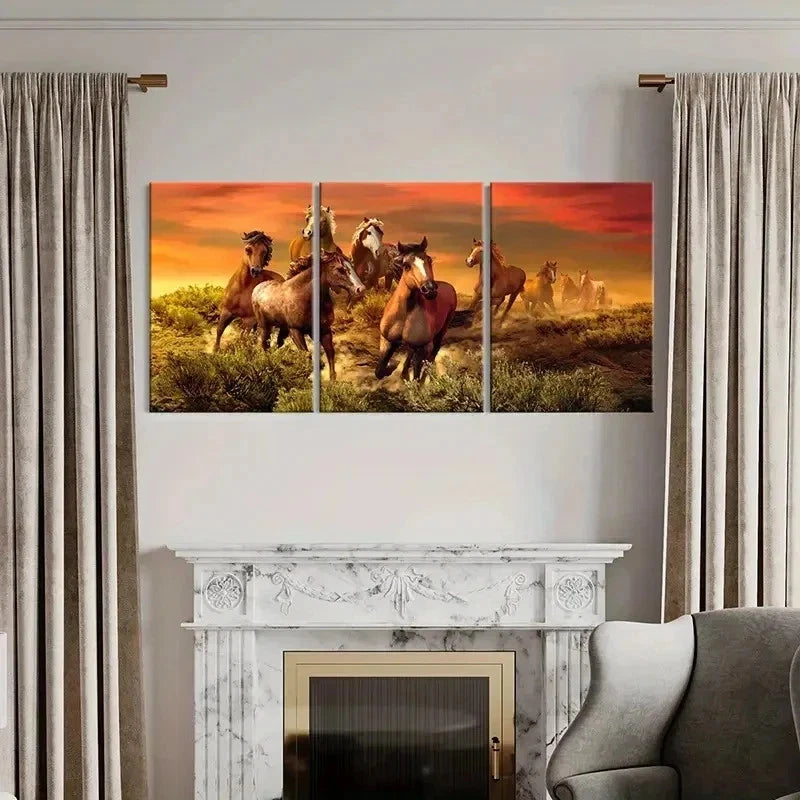 3pcs Horses Running At Sunset Grassland Wall Art Set Canvas Framed 50x70cm - High Quality Print 100% Australian Made Wall Canvas Ready to Hang