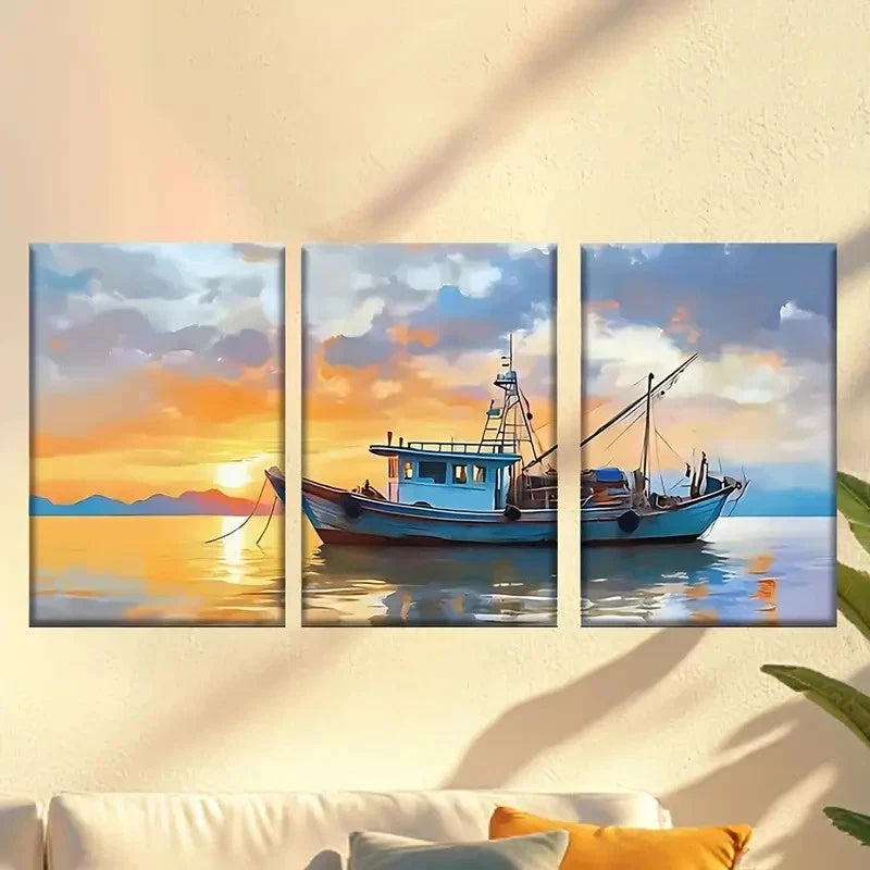 3pcs  Sunset Boat Scene with Serene Water Reflect  Wall Art Set Canvas Framed 40x60cm - High Quality Print 100% Australian Made Wall Canvas Ready to Hang - Bella Home Decor