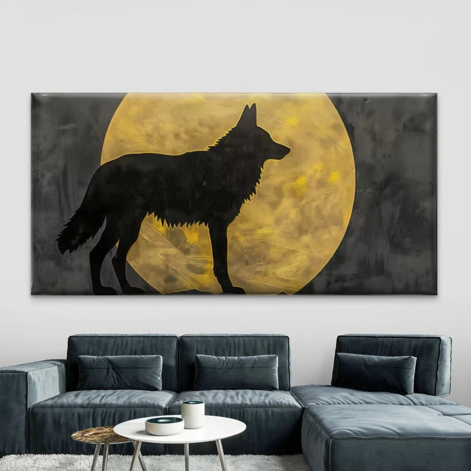 Black Wolf Silhouette Full Moon Wall Art Canvas Office Home Room Framed 120x60cm