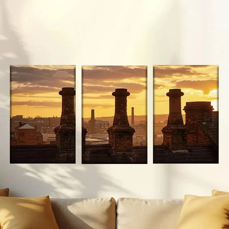 3pcs Sunset Factory Rooftop Scene Wall Art Set Canvas Framed 60x90cm - High Quality Print 100% Australian Made Wall Canvas Ready to Hang