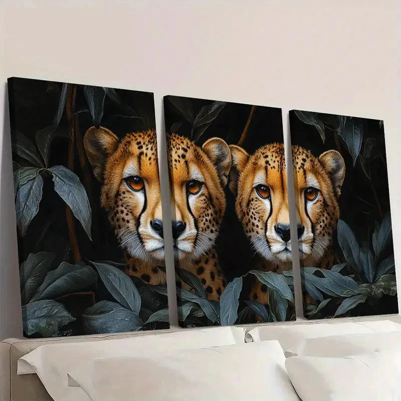 3pcs Animal Theme Cheetahs Green Leaves Wall Art Set Canvas Framed 60x90cm - High Quality Print 100% Australian Made Wall Canvas Ready to Hang - Bella Home Decor