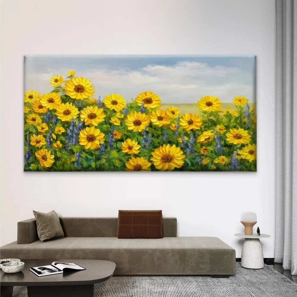 Bright Yellow Sunflower Field Wall Art Canvas Office Home Room Framed 120x60cm