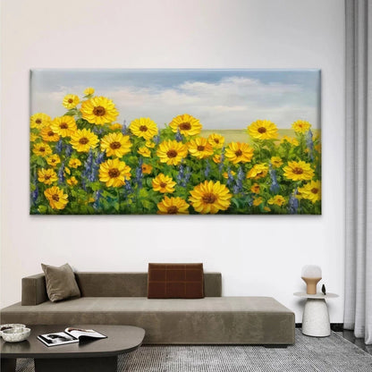 Bright Yellow Sunflower Field Wall Art Canvas Office Home Room Framed 120x60cm