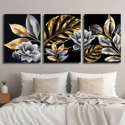 3pcs Golden Plant Leaves Floral Wall Art Set Canvas Unframed - High Quality Print 100% Australian Made Wall Canvas - Bella Home Decor