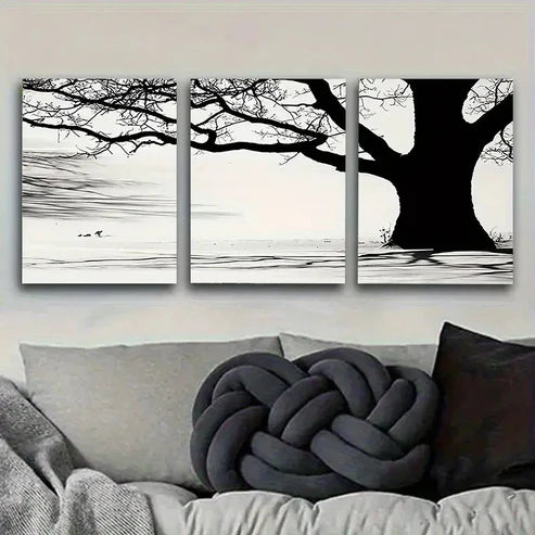 3pcs Monochrome Tree and Water Reflection Wall Art Canvas Unframed - High Quality Print 100% Australian Made Wall Canvas - Bella Home Decor