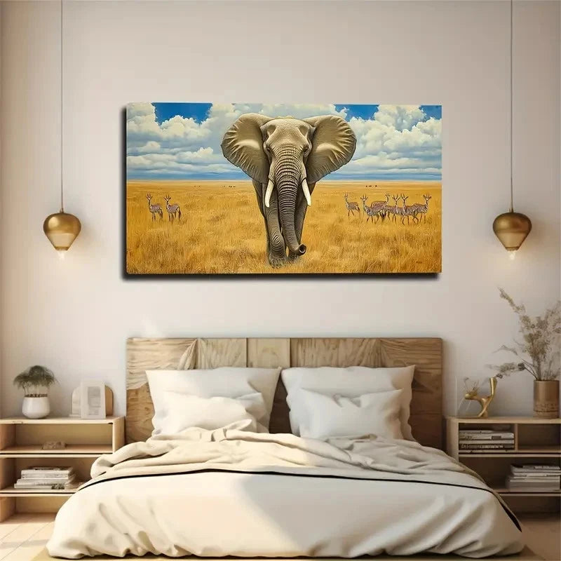 Elephant On The Savannah Deco Wall Art Canvas Office Home Room Framed 120x60cm