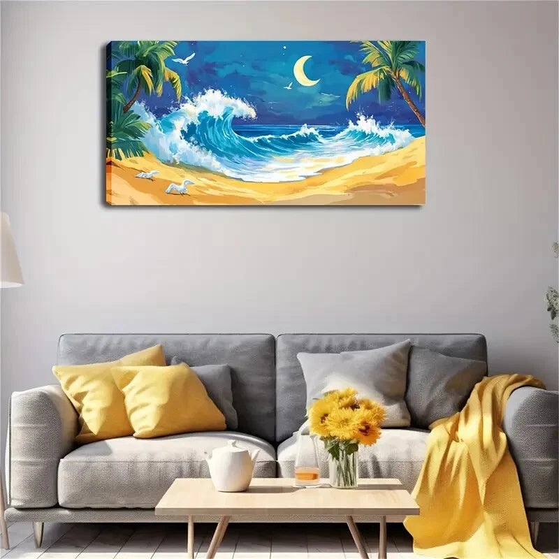 Tall Coconut Trees And Crescent Wall Art Canvas Office Home Room Framed 120x60cm - Bella Home Decor