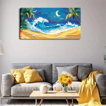 Tall Coconut Trees And Crescent Wall Art Canvas Office Home Room Framed 120x60cm - Bella Home Decor