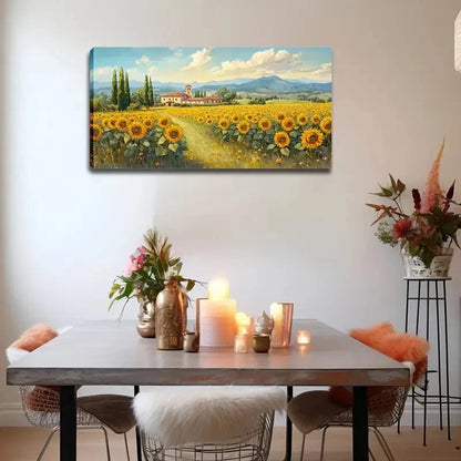 Rustic Sunflower Field Houses Wall Art Canvas Office Home Room Framed 120x60cm - Bella Home Decor