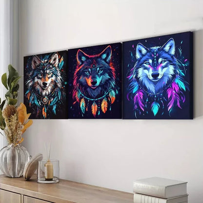 3pcs Stunning Wolf Neon Colors Colorful Necklace Wall Art Set Canvas Unframed - High Quality Print 100% Australian Made Wall Canvas