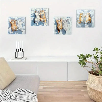 4pcs Cute White Cat In Sunshine, Abstract Wall Art Canvas Framed