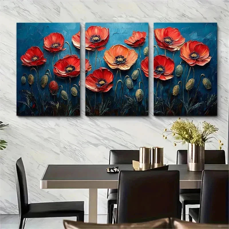 3pcs Red Poppies Impasto Oil Painting Perfect Wall Art Set Canvas Framed 50x70cm - High Quality Print 100% Australian Made Wall Canvas Ready to Hang