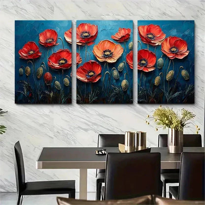 3pcs Red Poppies Impasto Oil Painting Perfect Wall Art Set Canvas Framed 50x70cm - High Quality Print 100% Australian Made Wall Canvas Ready to Hang