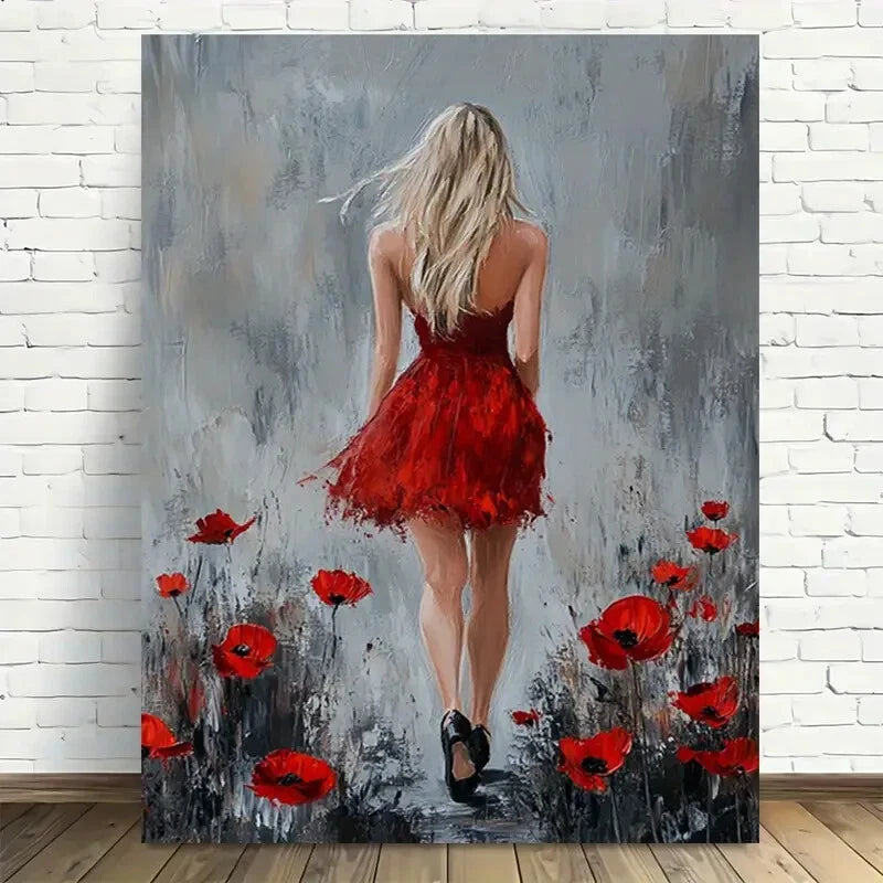 Beautiful Red Poppy Garden Walkway Painting 40x60cm Metal Print Ready to Hang - Bella Home Decor