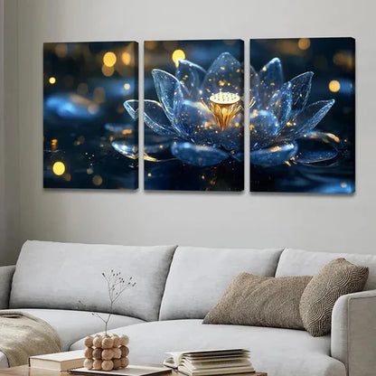 3pcs Vibrant Lotus Flower Stunning Blue & Gold Wall Art Set Canvas Unframed - High Quality Print 100% Australian Made Wall Canvas