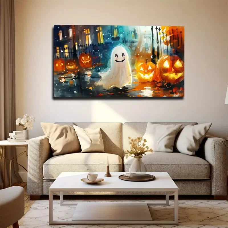 White Ghost And Glowing Pumpkin Wall Art Canvas Office Home Room Framed 120x60cm