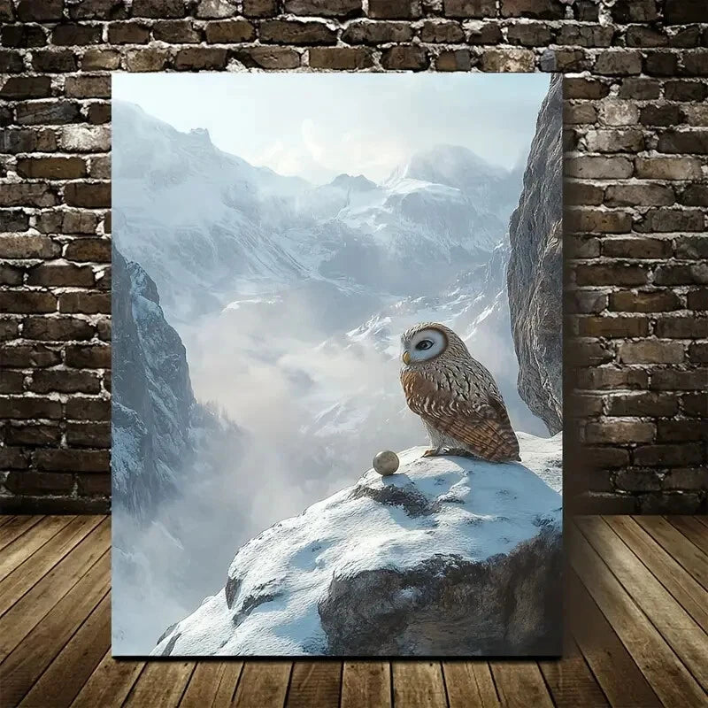 Owl Playing with Ball on Snowy Mountain Painting 40x60cm Metal Print Ready to Hang - Bella Home Decor