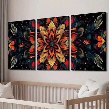 3pcs Mandala Flowers on Black Background Wall Art Set Canvas Unframed - High Quality Print 100% Australian Made Wall Canvas
