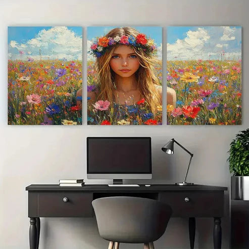 3pcs Girl in a Field of Flowers – Wall Art Canvas Unframed – High Quality Print 100% Australian Made Wall Canvas - Bella Home Decor