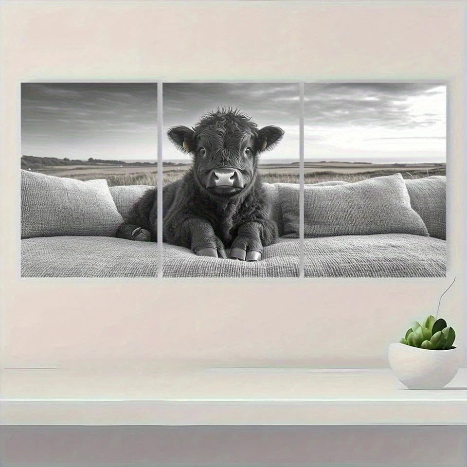 3pcs Cute Highland Cattle Black White Metal Print Ready to Hang Art - Bella Home Decor