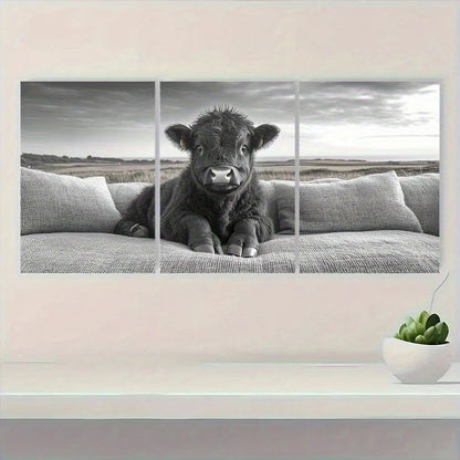 3pcs Cute Highland Cattle Black White Metal Print Ready to Hang Art - Bella Home Decor