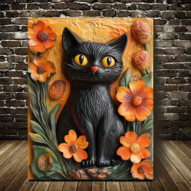 Black Cat And Yellow Life in Orange Painting  40x60cm Metal Print Ready to Hang - Bella Home Decor